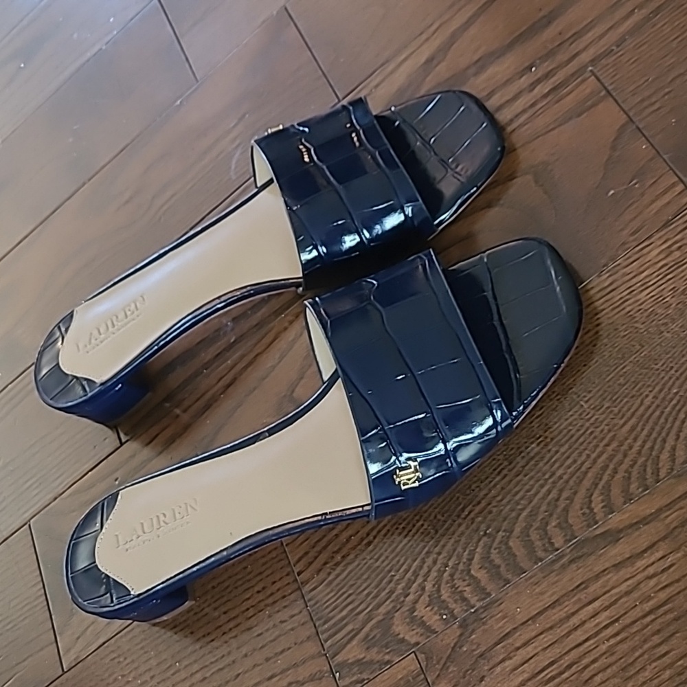 New Lauren Ralph Lauren Women's Fay Slip-on Navy Leather Dress Sandals Size 6.5